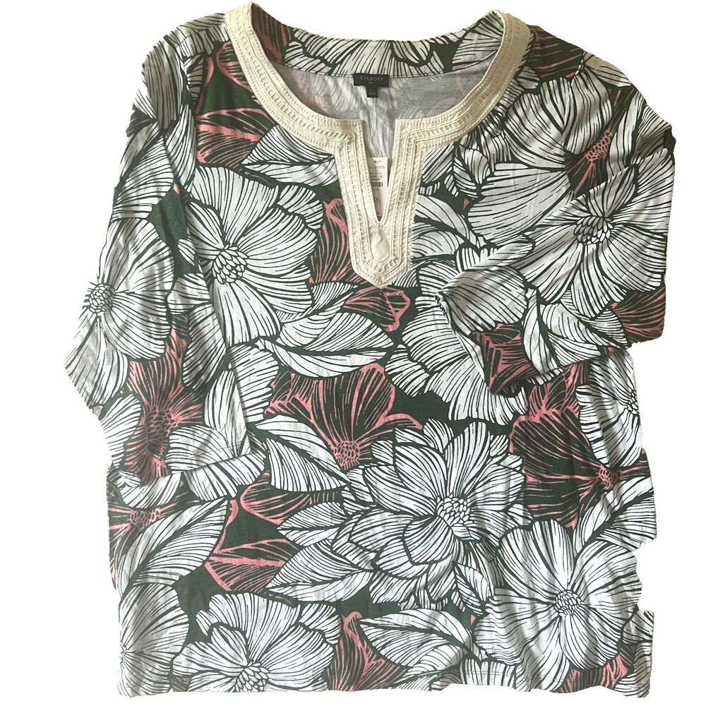 Talbots Tunic Blouse 2X Popover Tropical Hibiscus Palm Pima Cotton NWT